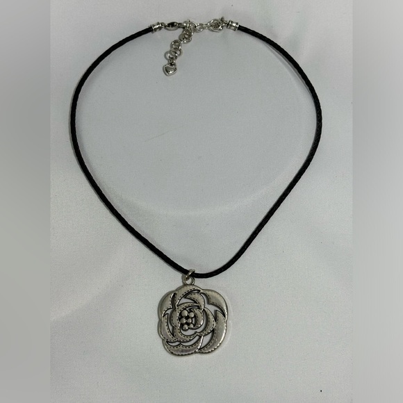 Brighton Silver Plated Carved Rose on  Woven  Leather  16-18” Necklace - Picture 2 of 4